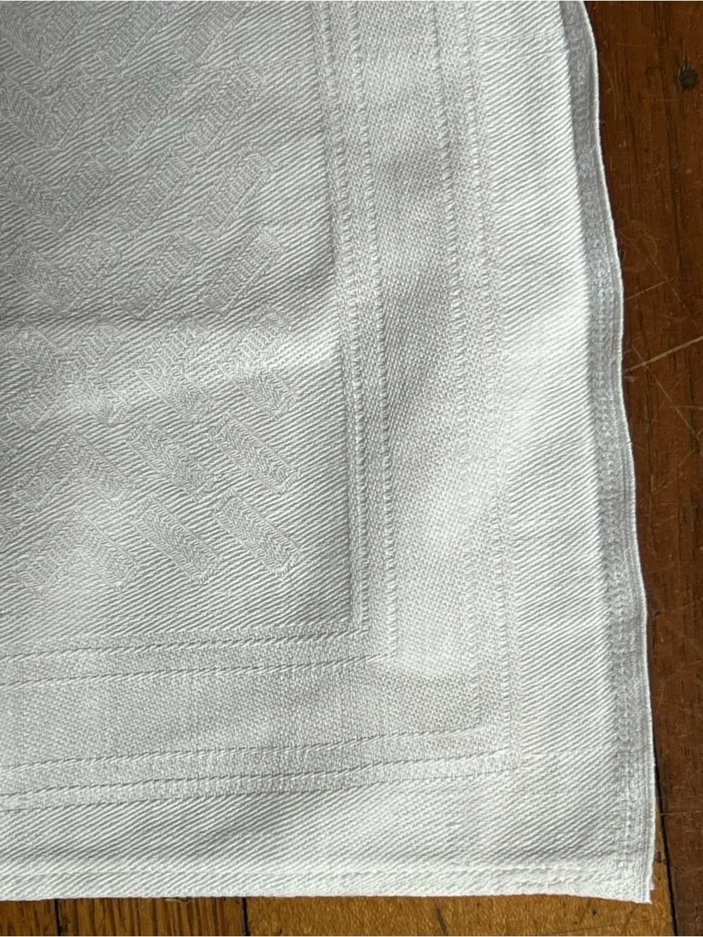 Vintage linen White work striped Tablecloth with decorative border 43 in square.